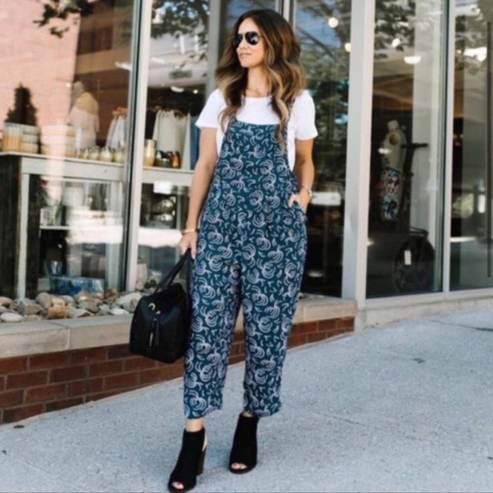 Anthropologie Maeve Tidal Jumpsuit Overalls Large Teal Blue White Boho Pockets - Picture 2 of 9
